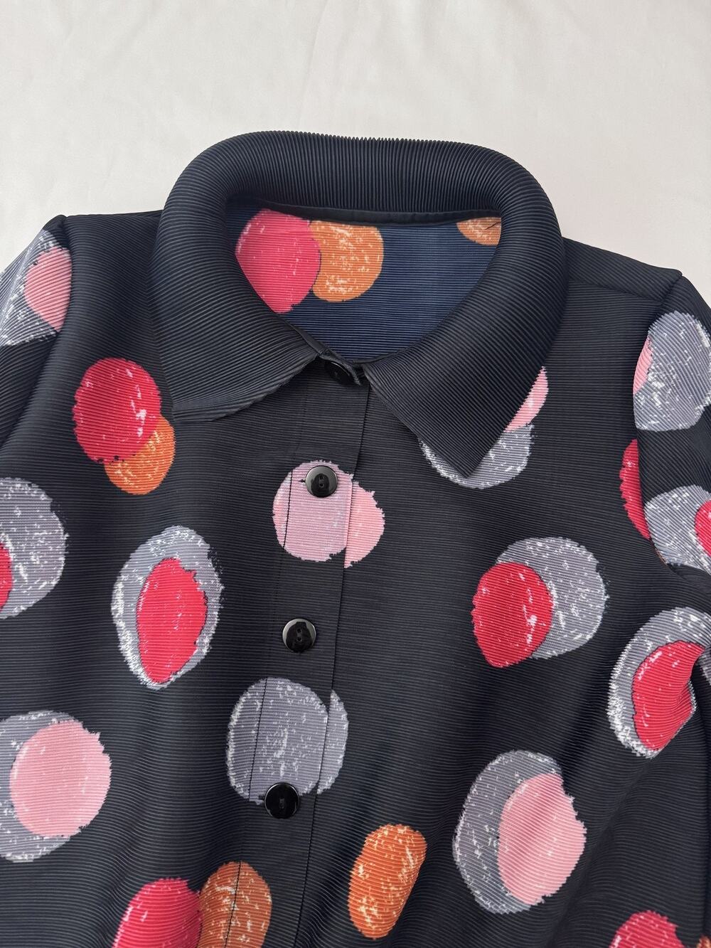 Vanité Couture Blouse Womens Small Pleated Dot Print Shirt Button Up Top
